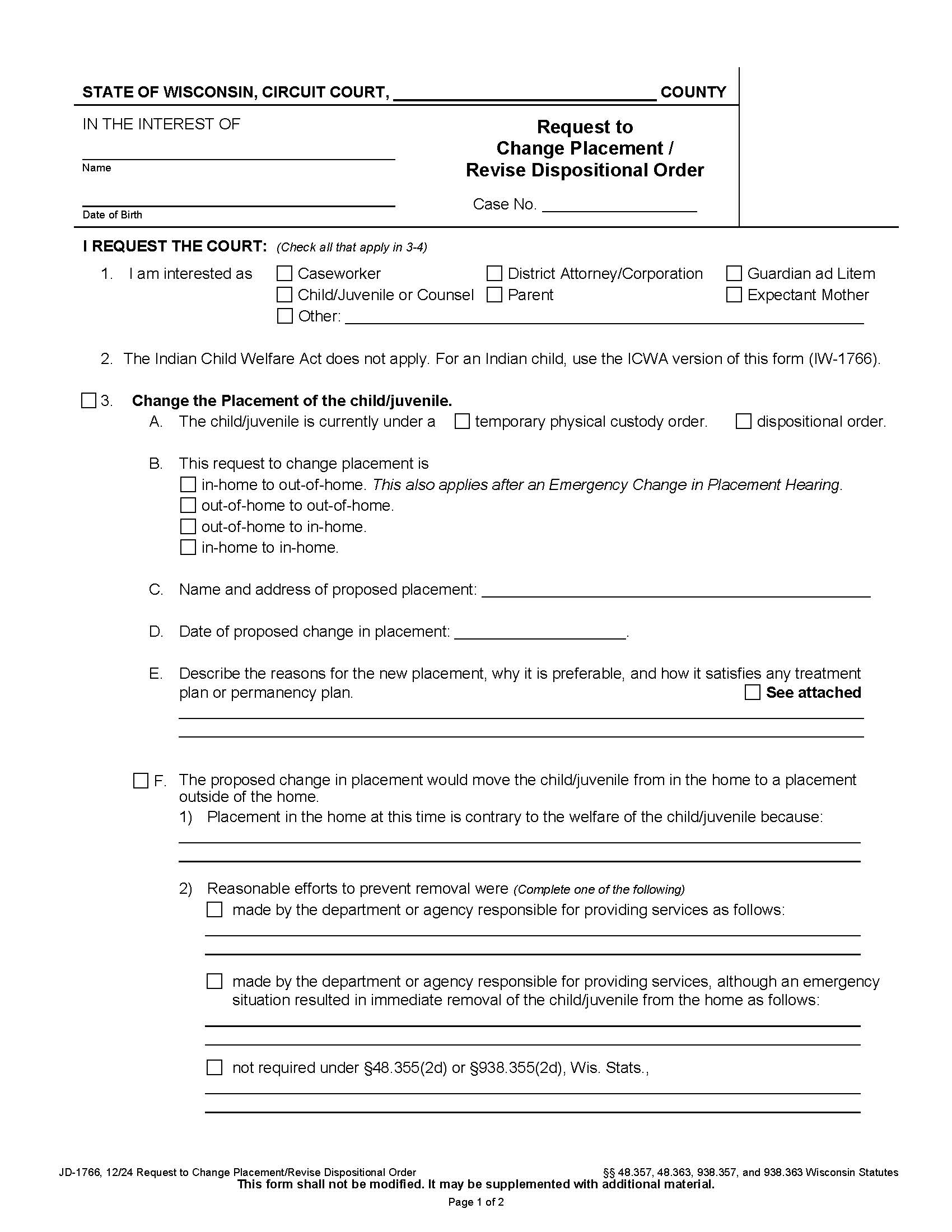 Request To Change Placement  - Revise Dispositional Order {JD-1766} | Pdf Fpdf Docx | Wisconsin
