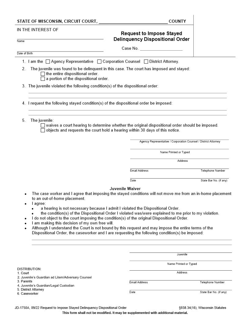 Request To Impose Stayed Delinquency Dispositional Order {JD-1750A} | Pdf Fpdf Docx | Wisconsin