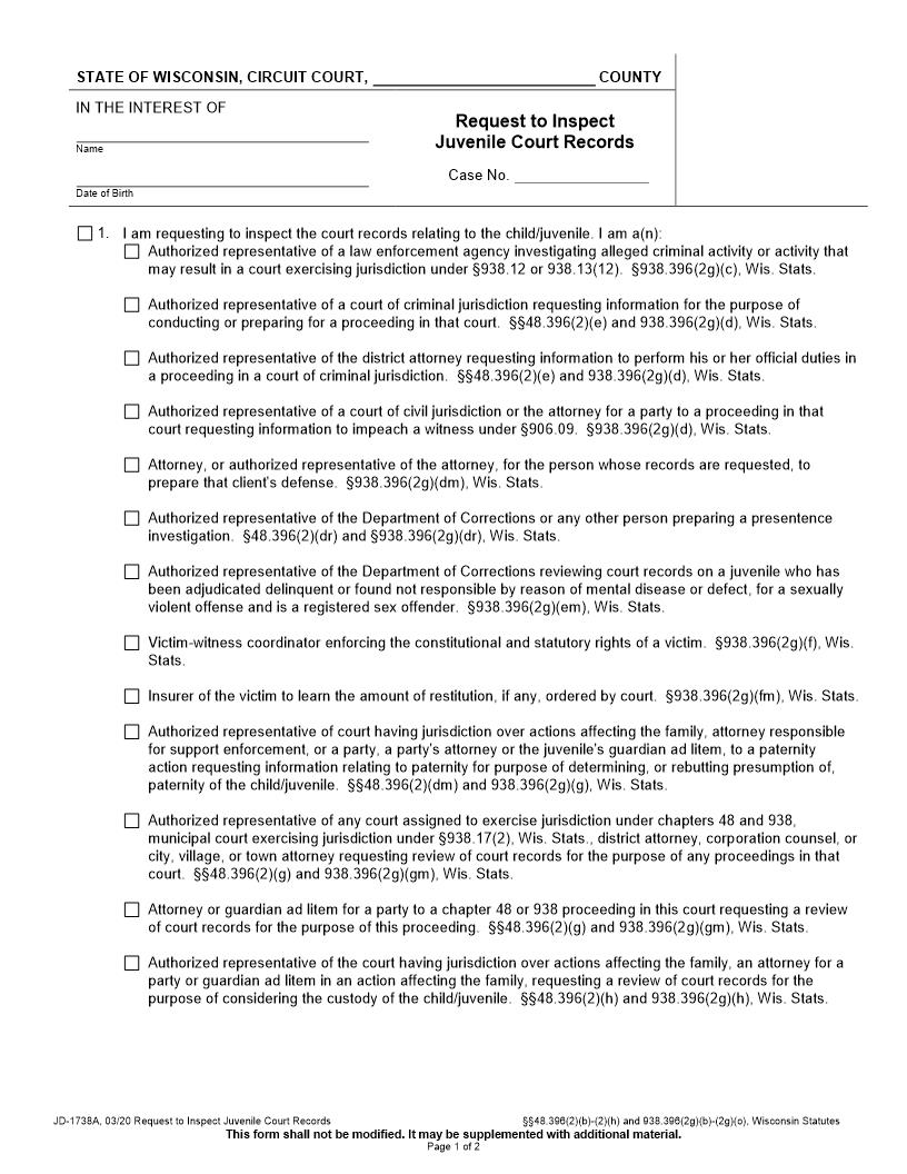 Request To Inspect Juvenile Court Records {JD-1738A} | Pdf Fpdf Docx | Wisconsin