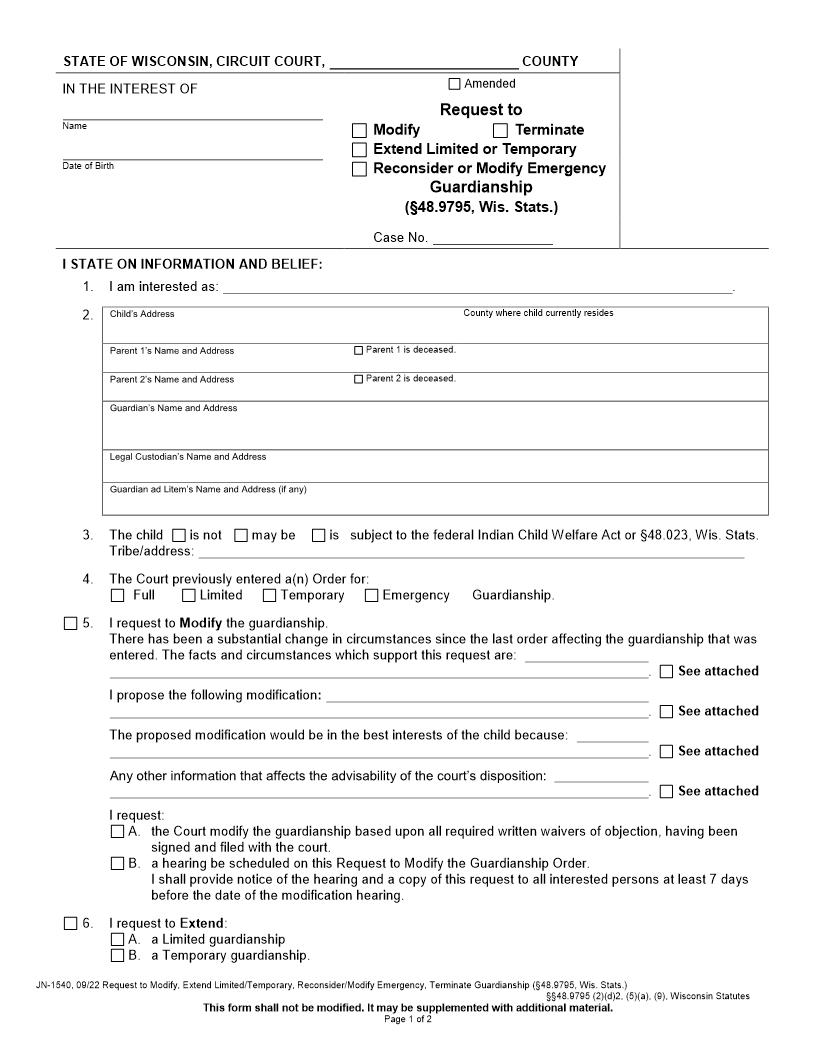 Request to Modify, Extend Limited-Temporary Reconsider-Modify Emergency Or Terminate Guardianship {JN-1540} | Pdf Fpdf Docx | Wisconsin
