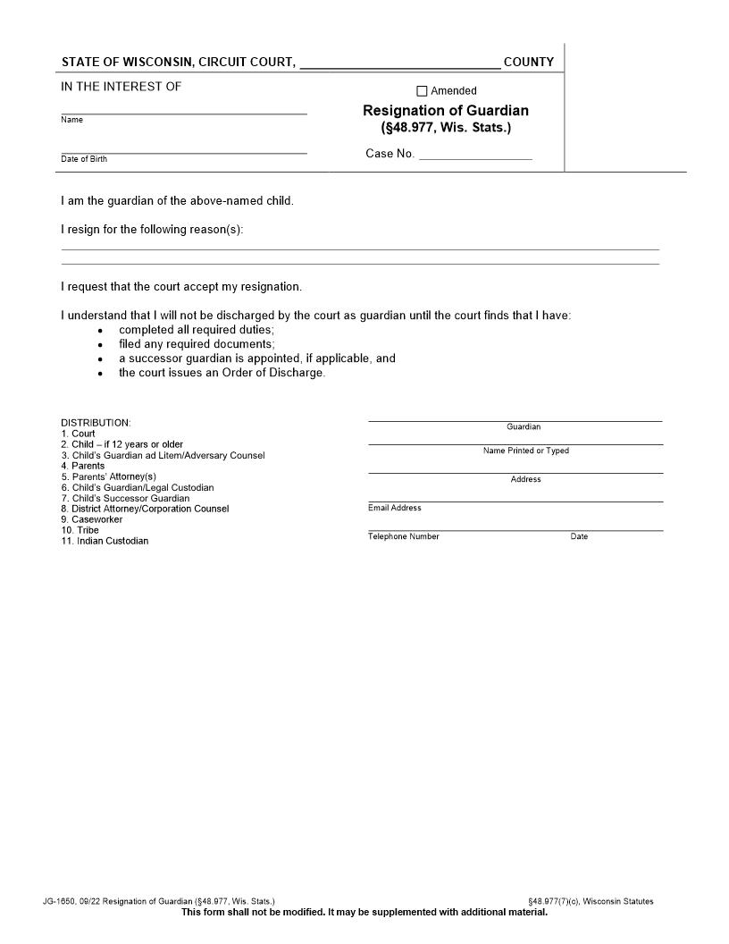 Resignation Of Guardian {JG-1650} | Pdf Fpdf Docx | Wisconsin