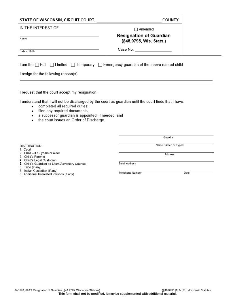 Resignation Of Guardian {JN-1570} | Pdf Fpdf Docx | Wisconsin