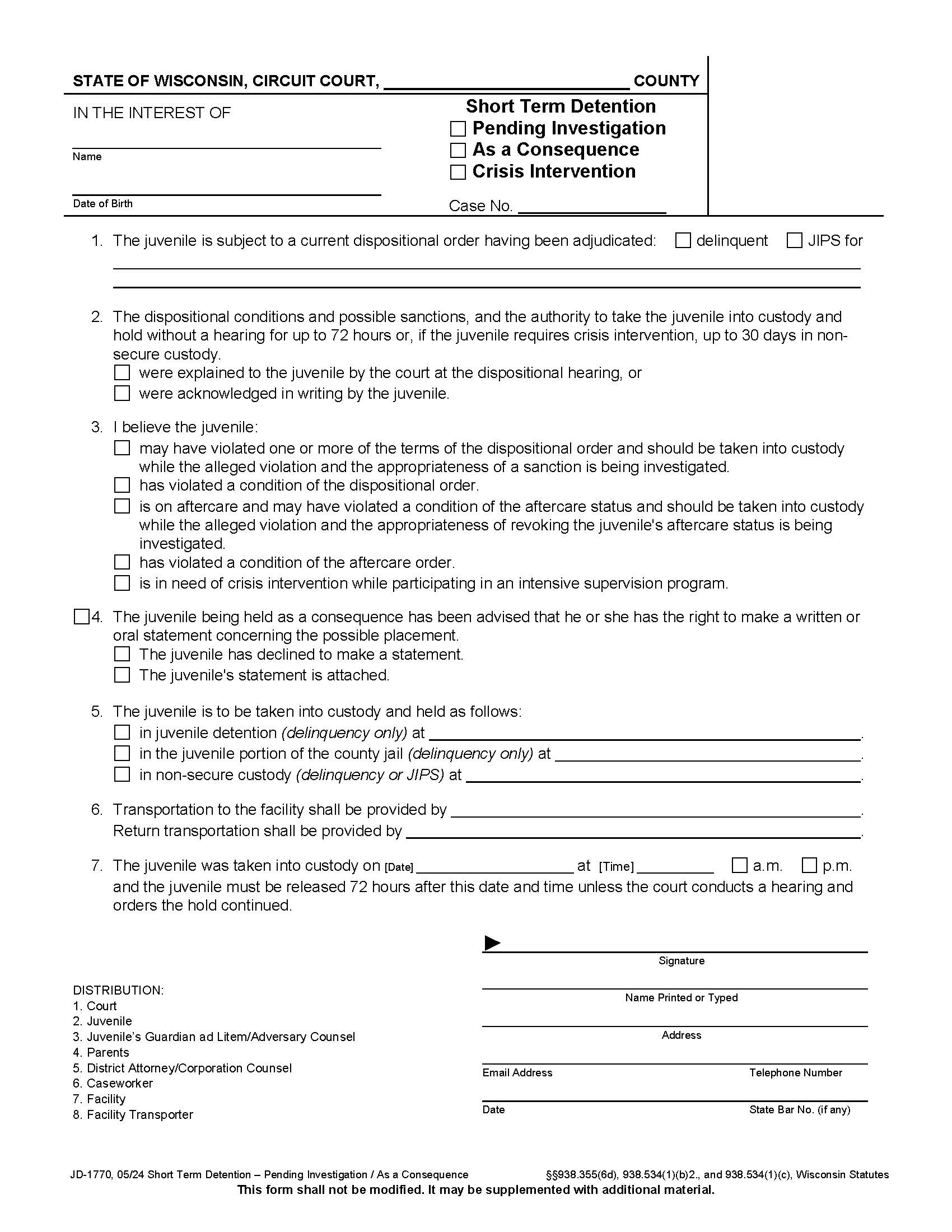 Short Term Detention - Pending Investigation-As A Consequence {JD-1770} | Pdf Fpdf Docx | Wisconsin