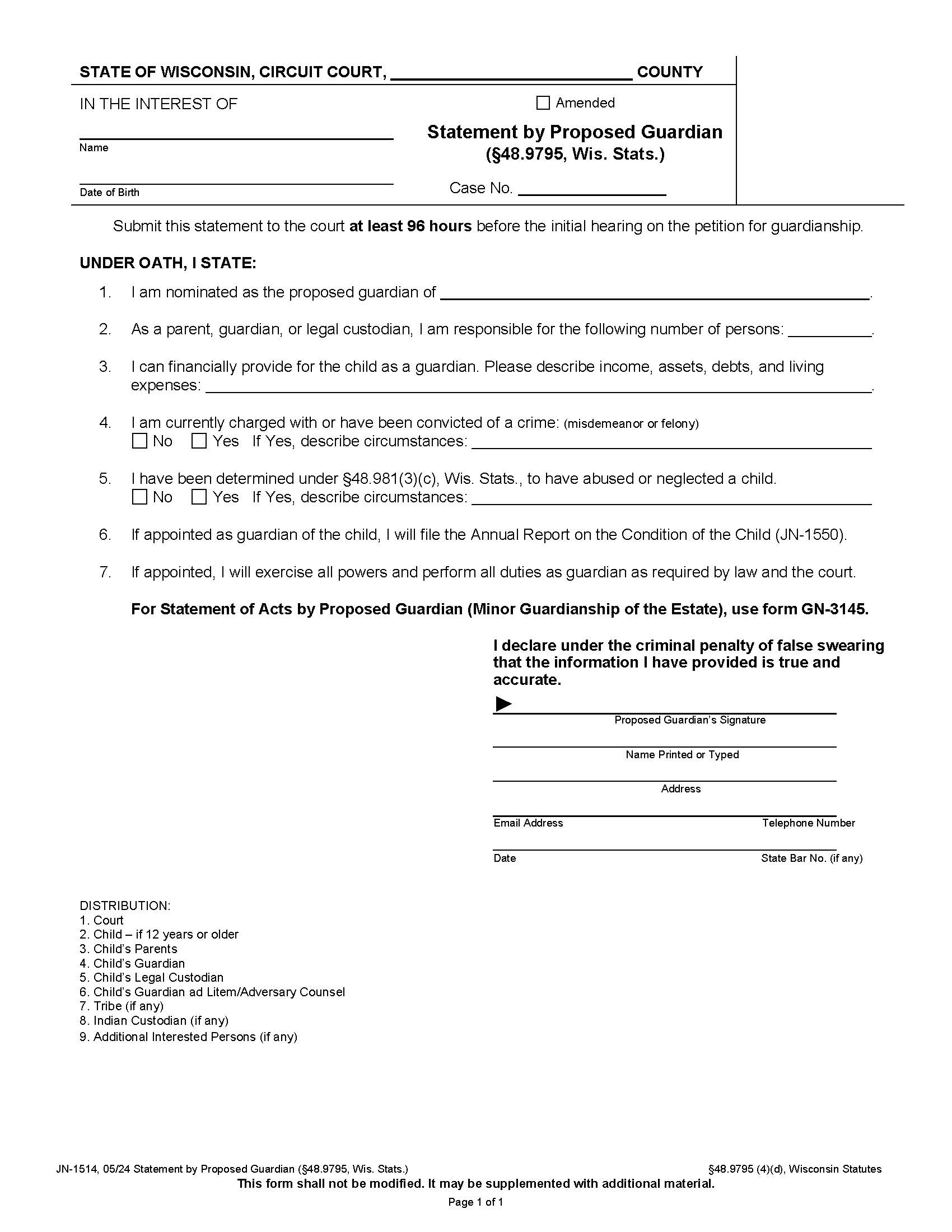 Statement By Proposed Guardian {JN-1514} | Pdf Fpdf Docx | Wisconsin