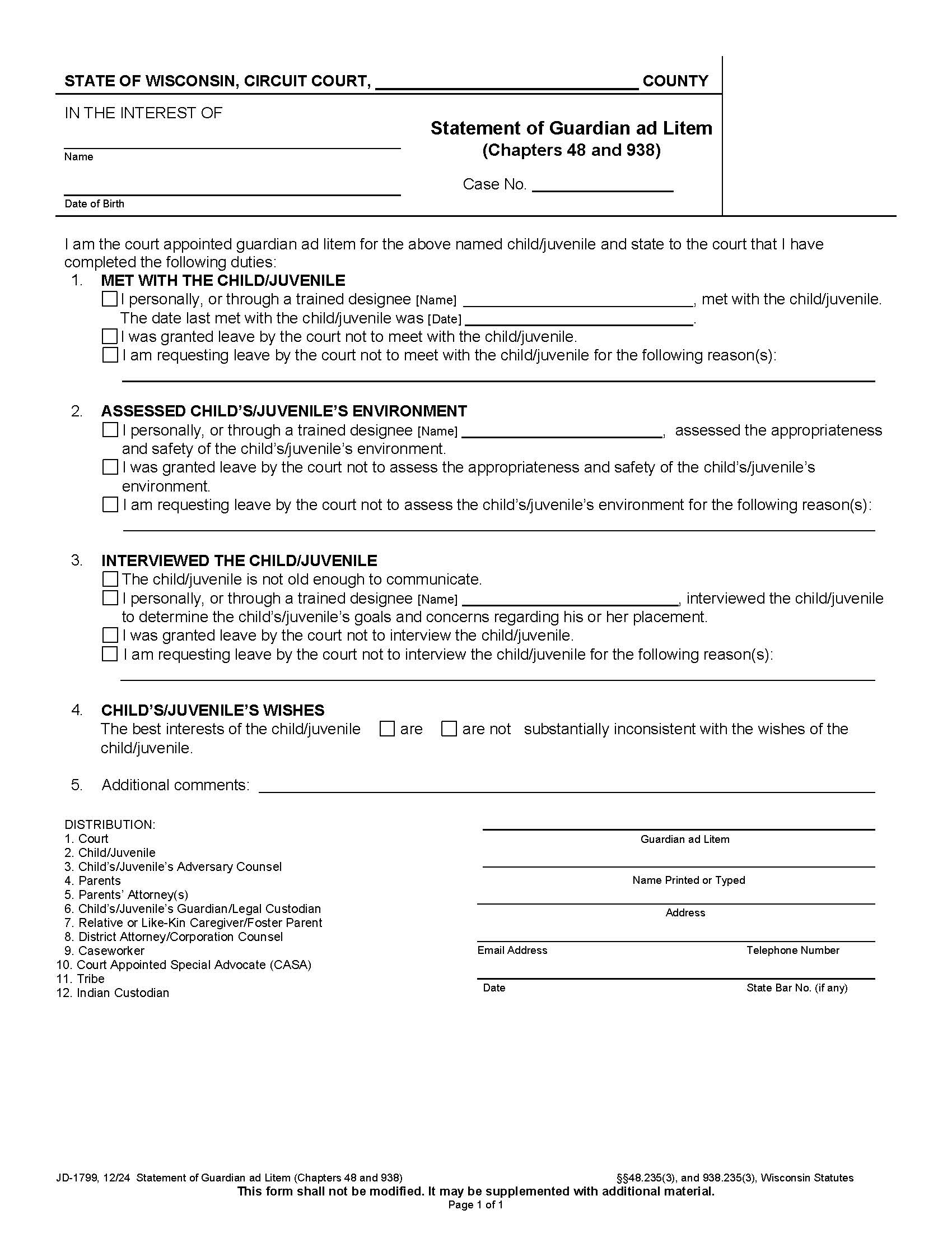 Statement Of Guardian Ad Litem (Chapters 48 And 938) {JD-1799} | Pdf Fpdf Docx | Wisconsin