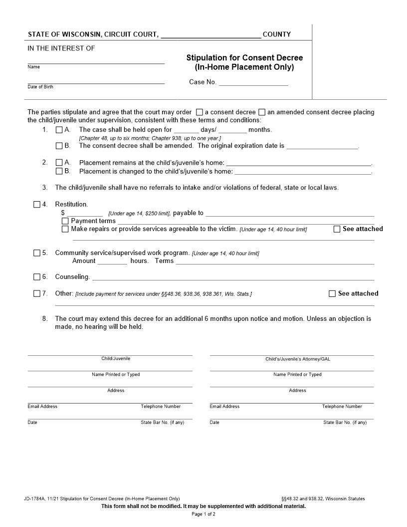 Stipulation For Consent Decree (In-Home Placement Only) {JD-1784A} | Pdf Fpdf Docx | Wisconsin