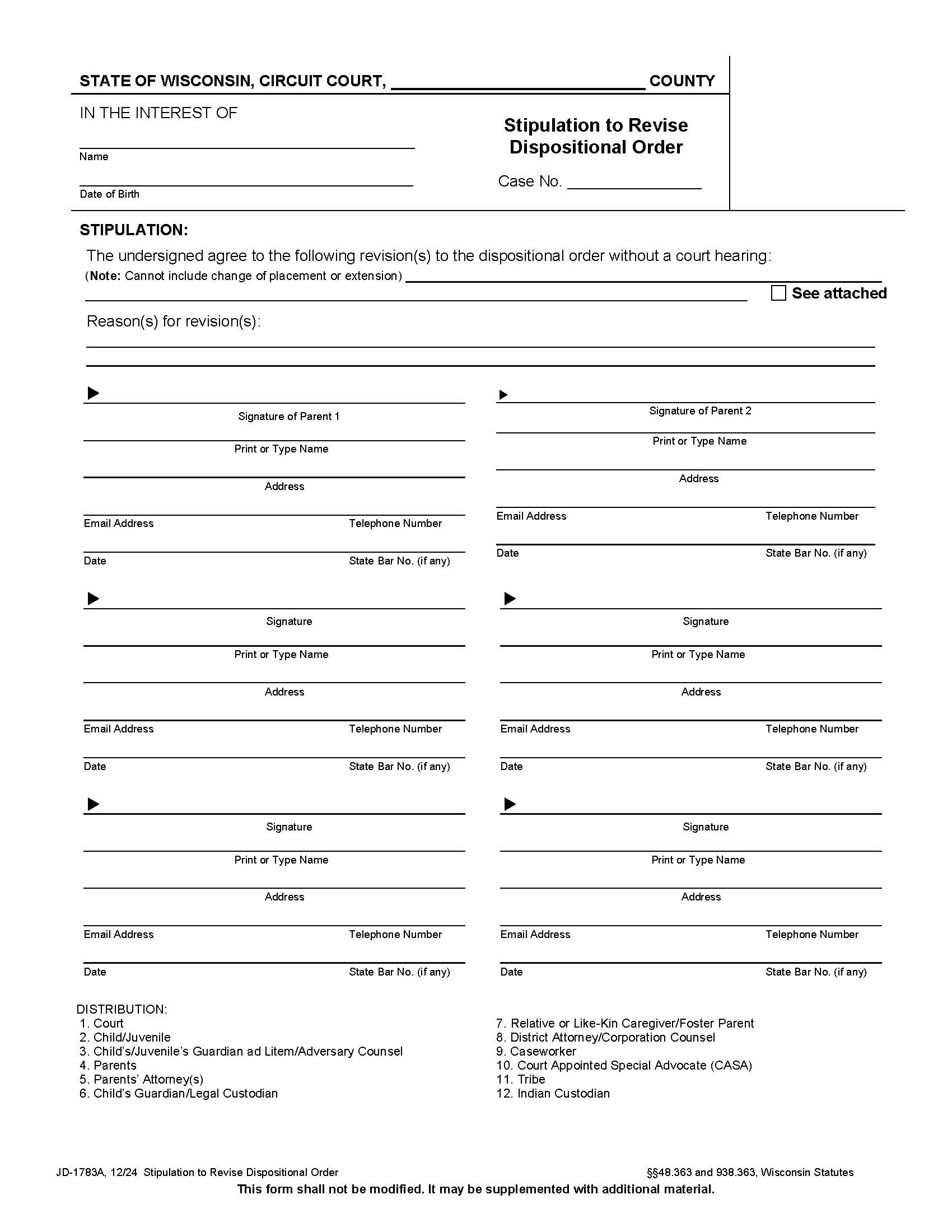 Stipulation To Revise Dispositional Order {JD-1783A} | Pdf Fpdf Docx | Wisconsin