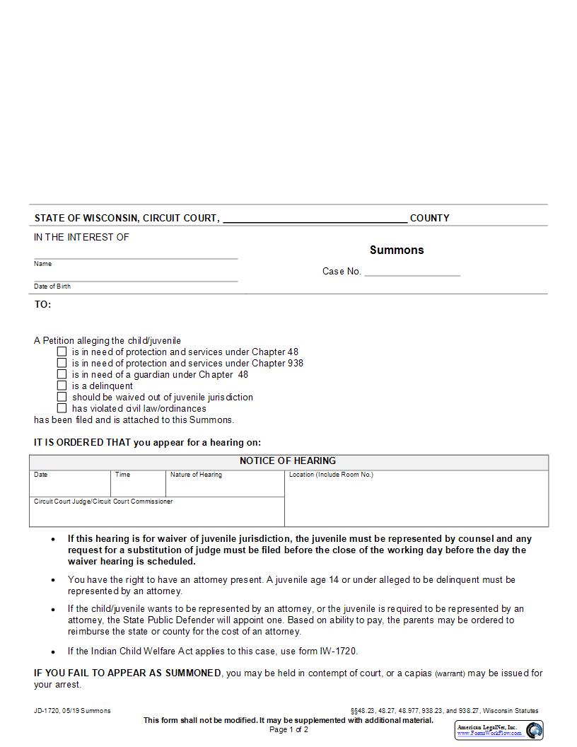 Summons {JD-1720} | Pdf Fpdf Docx | Wisconsin