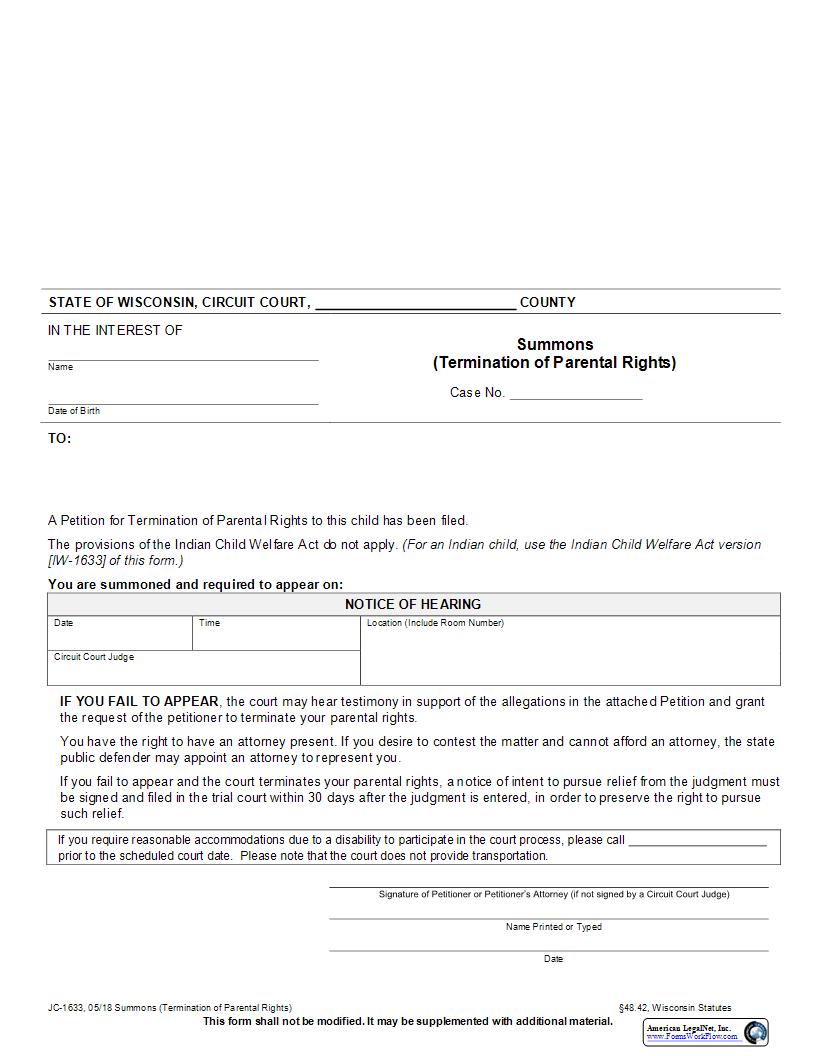 Summons For Termination of Parental Rights {JC-1633} | Pdf Fpdf Docx | Wisconsin