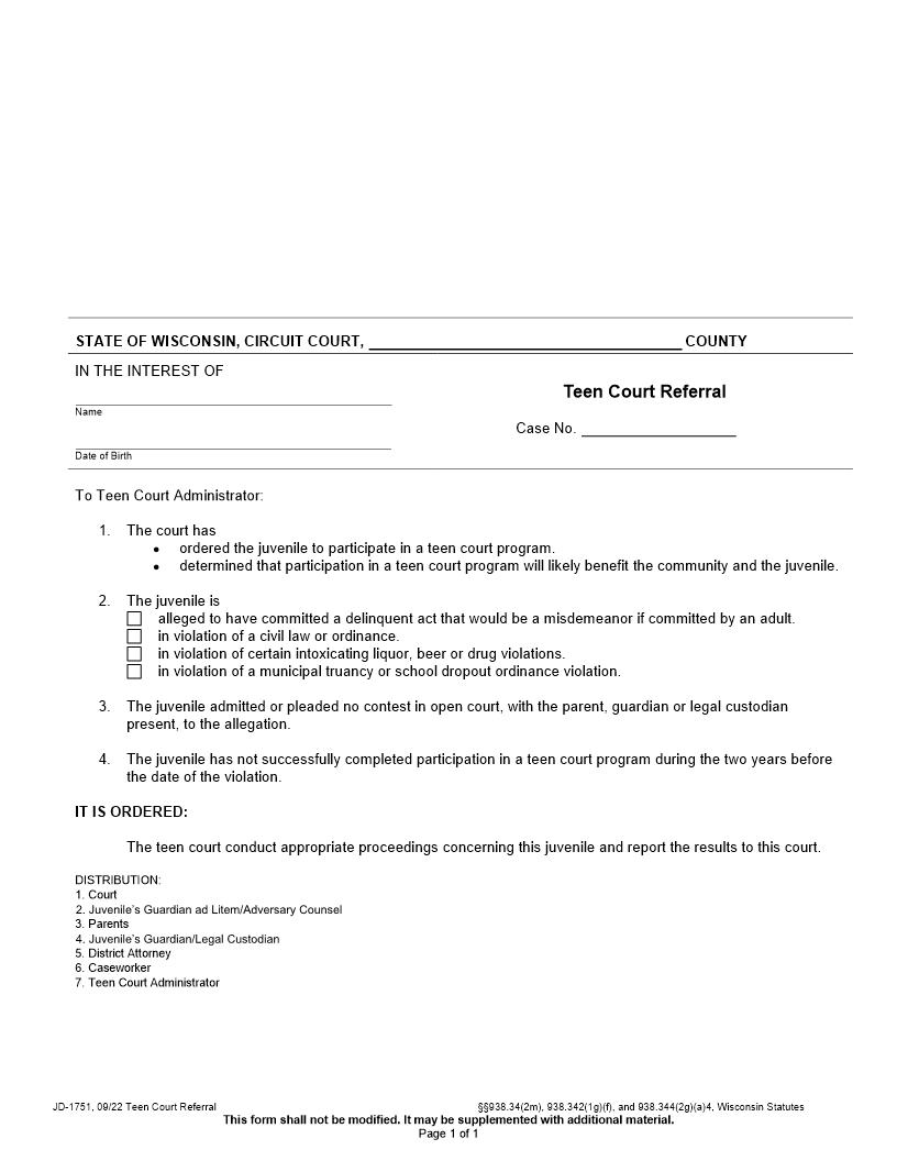 Teen Court Referral {JD-1751} | Pdf Fpdf Docx | Wisconsin