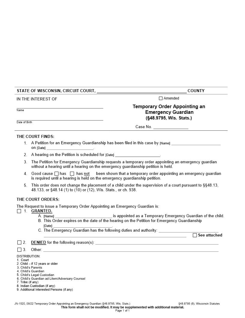 Temporary Order Appointing An Emergency Guardian {JN-1520} | Pdf Fpdf Docx | Wisconsin