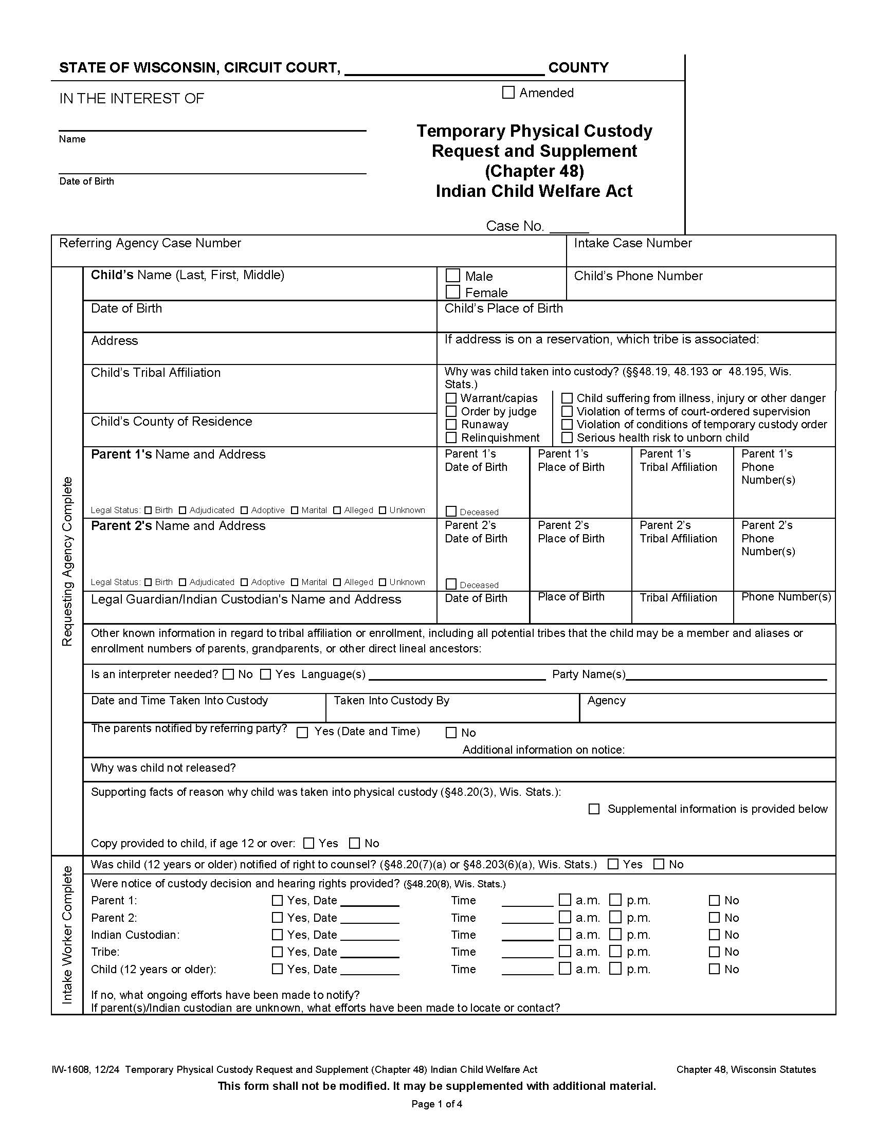 Temporary Physical Custody Request {IW-1608} | Pdf Fpdf Docx | Wisconsin