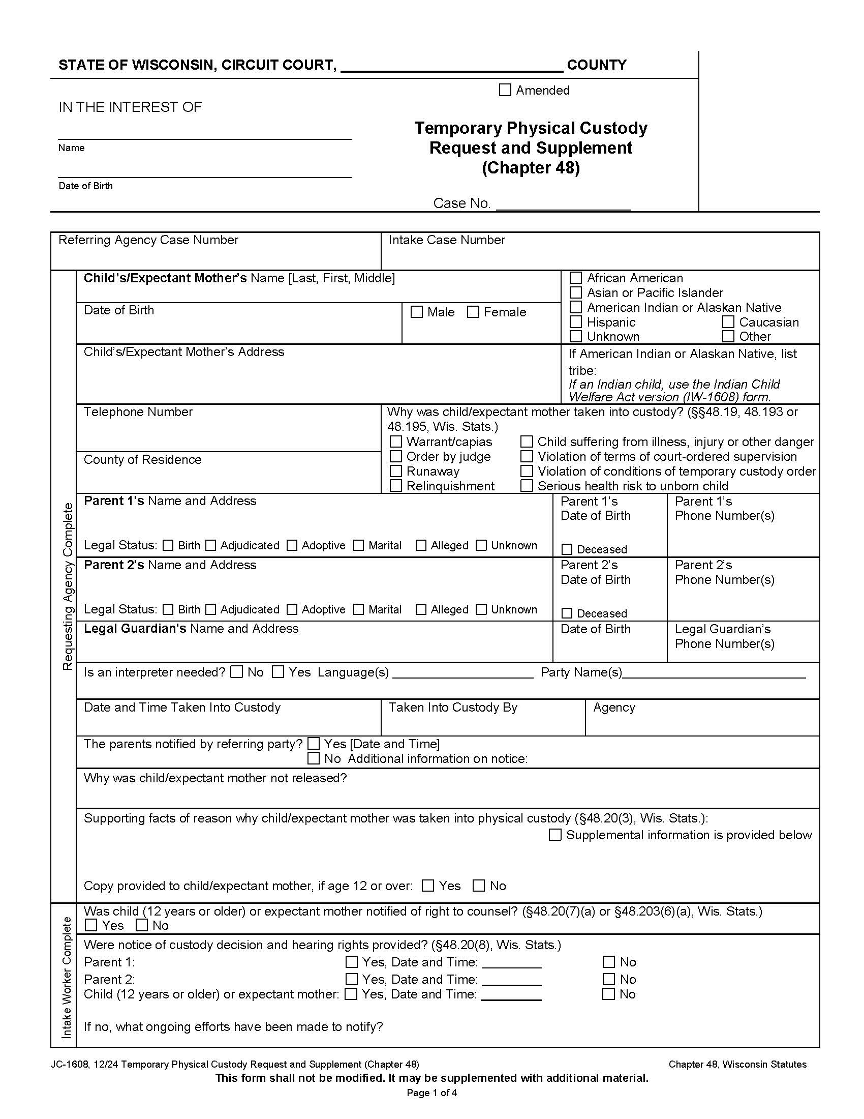 Temporary Physical Custody Request {JC-1608} | Pdf Fpdf Docx | Wisconsin