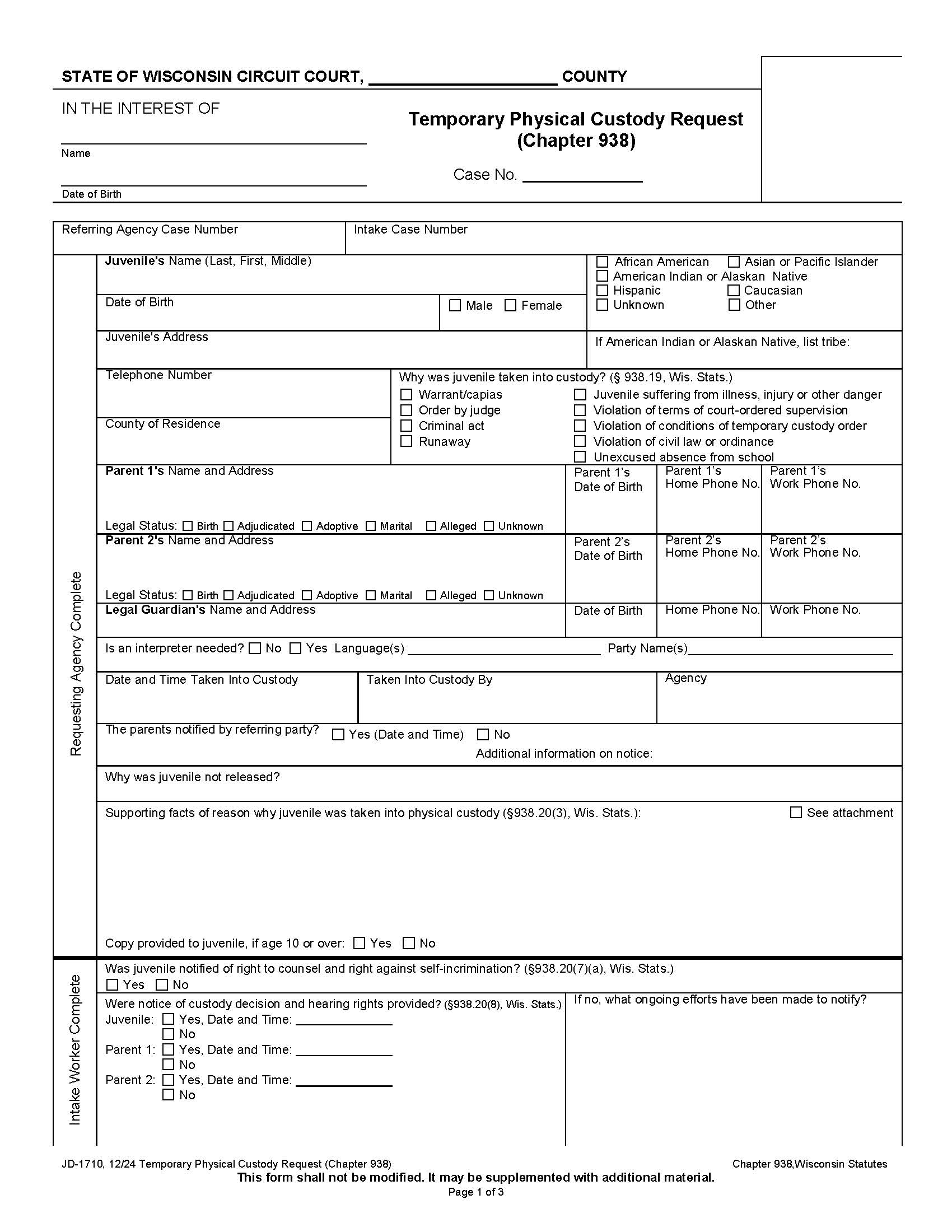 Temporary Physical Custody Request {JD-1710} | Pdf Fpdf Docx | Wisconsin