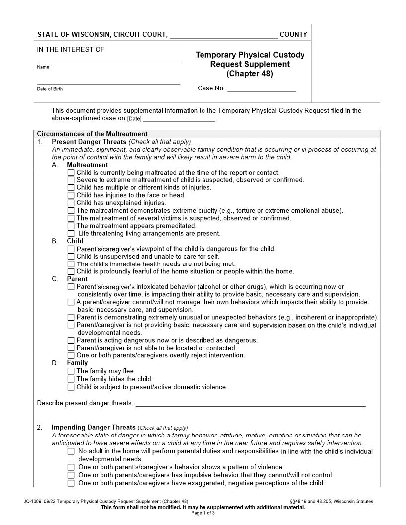 Temporary Physical Custody Request Supplement-Ch 48 {JC-1609} | Pdf Fpdf Docx | Wisconsin