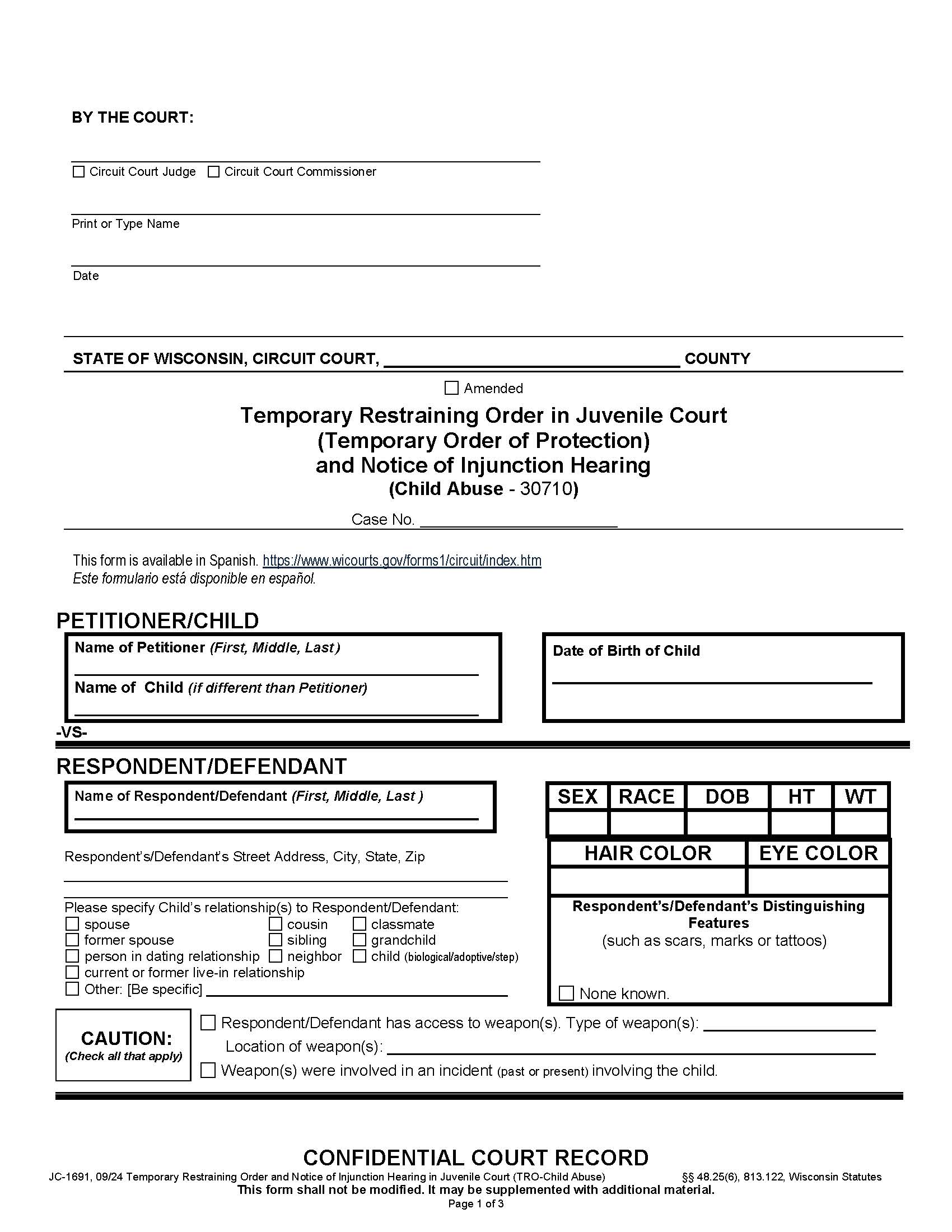 Temporary Restraining Order And Notice Of Injunction Hearing (Child Abuse - 30711) {JC-1691} | Pdf Fpdf Docx | Wisconsin