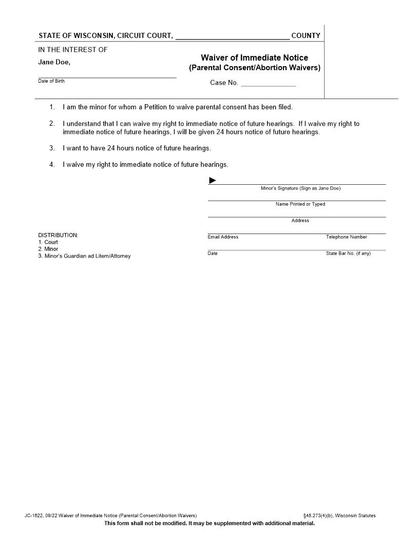 Waiver Of Immediate Notice Parental Consent Abortion Waivers {JC-1622} | Pdf Fpdf Docx | Wisconsin