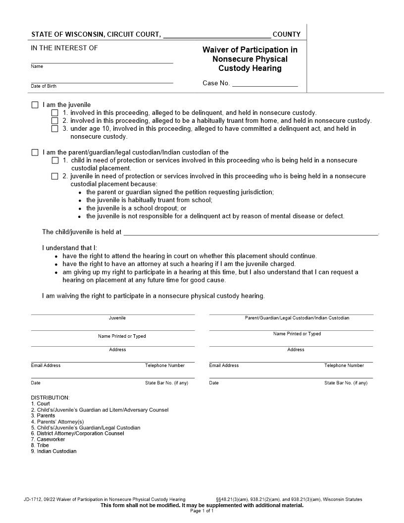 Waiver Of Participation In Nonsecure Physical Custody Hearing {JD-1712} | Pdf Fpdf Docx | Wisconsin