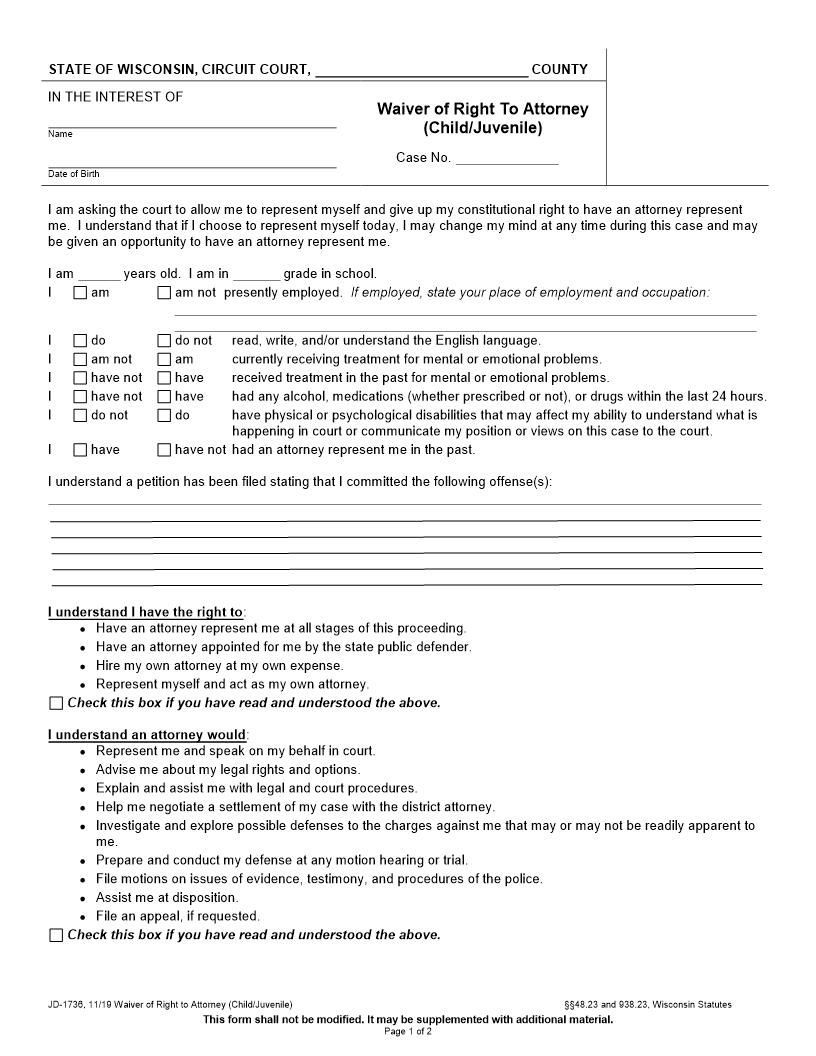 Waiver Of Right To Attorney (Child Or Juvenile) {JD-1736} | Pdf Fpdf Docx | Wisconsin