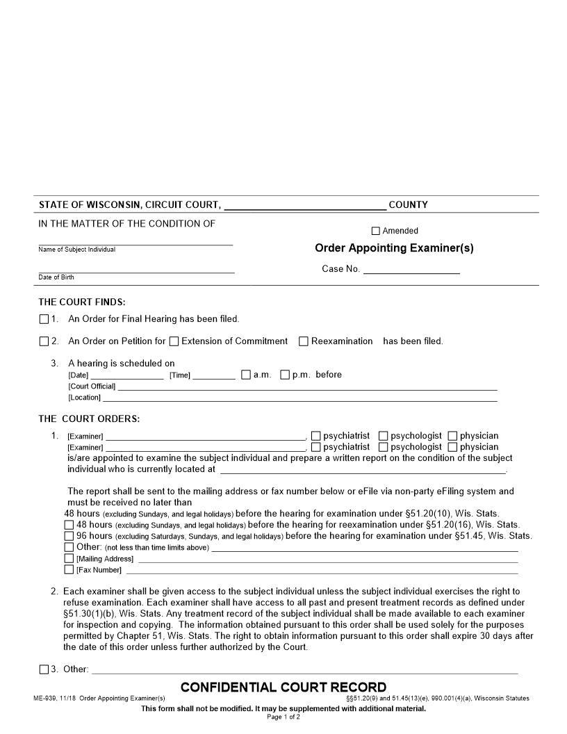 Order Appointing Examiners {ME-939} | Pdf Fpdf Docx | Wisconsin