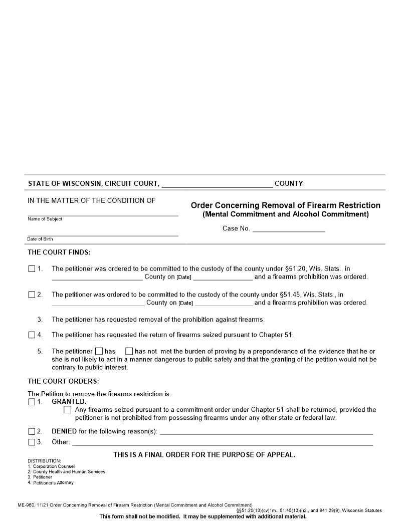 Order Concerning Removal Of Firearm Restriction {ME-960} | Pdf Fpdf Docx | Wisconsin