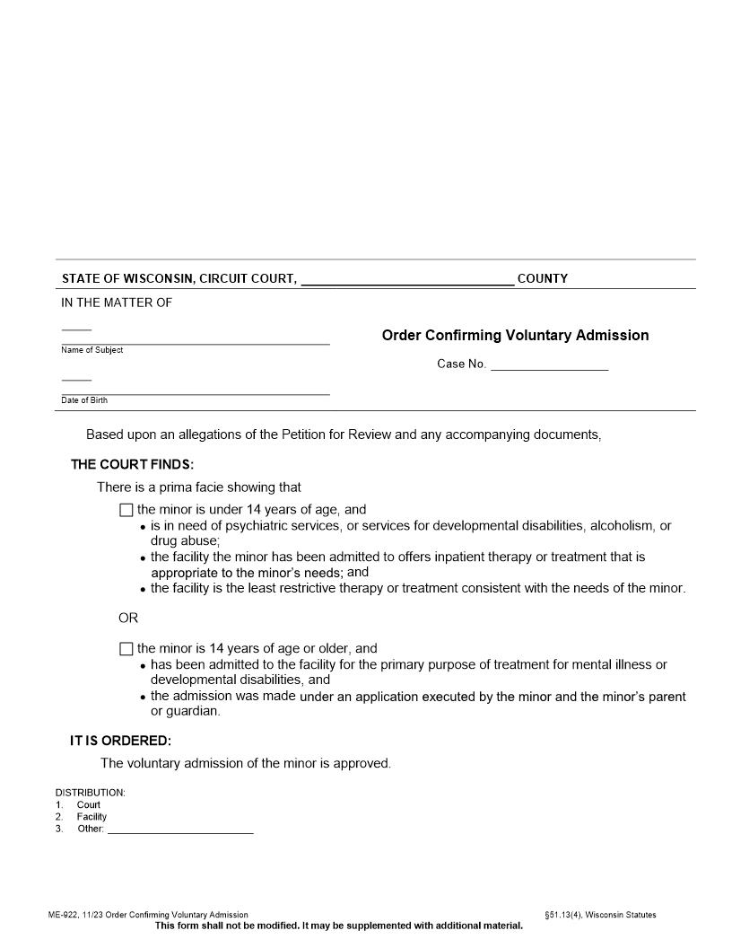 Order Confirming Voluntary Admission {ME-922} | Pdf Fpdf Docx | Wisconsin