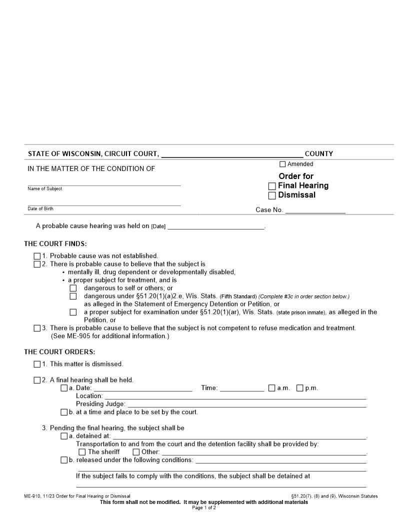 Order For Final Hearing Or Dismissal {ME-910} | Pdf Fpdf Docx | Wisconsin