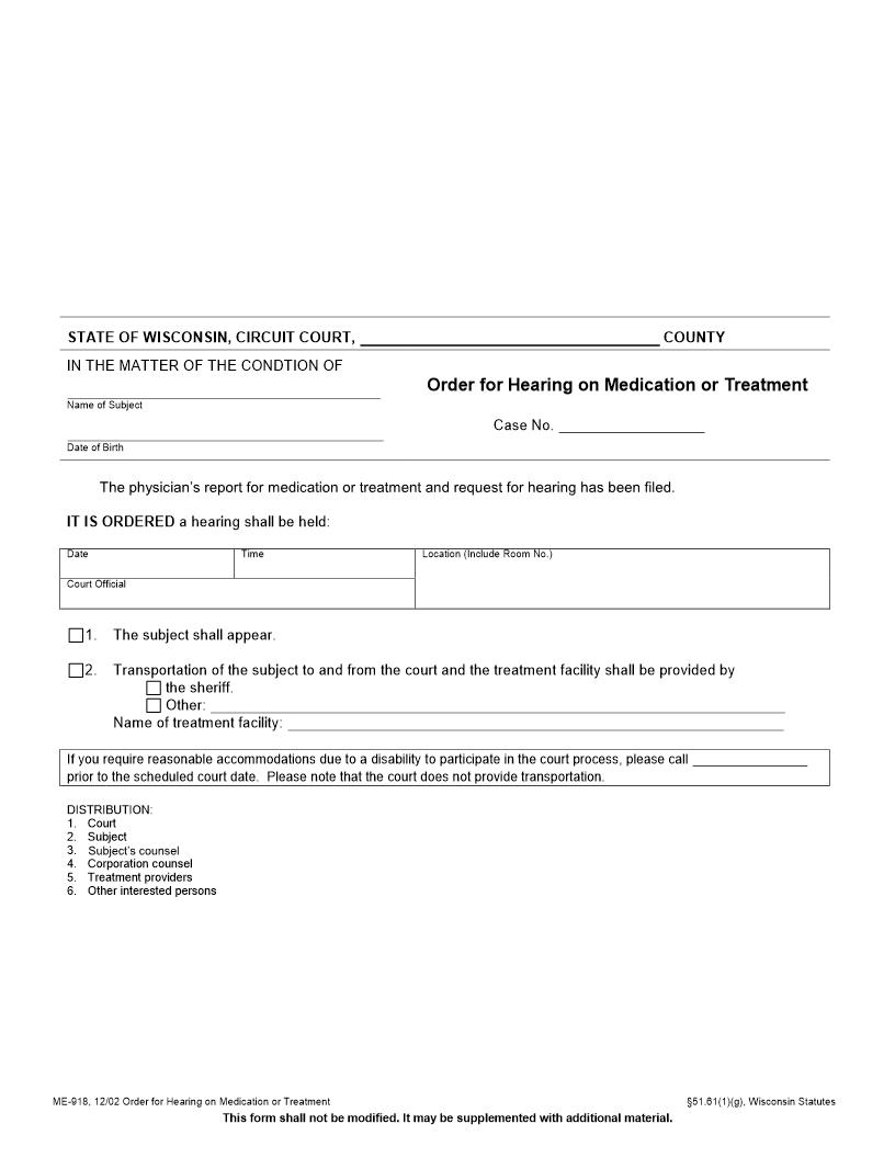 Order For Hearing On Medication Or Treatment {ME-918} | Pdf Fpdf Docx | Wisconsin