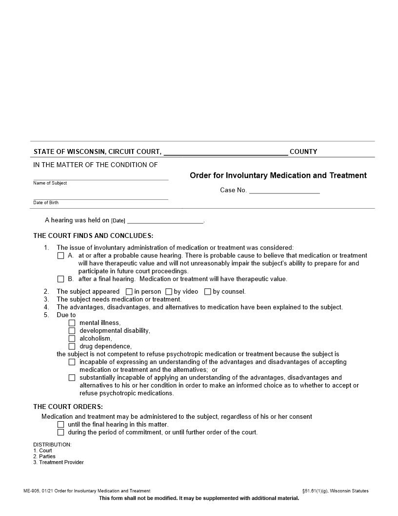 Order For Involuntary Medication And Treatment {ME-905} | Pdf Fpdf Docx | Wisconsin