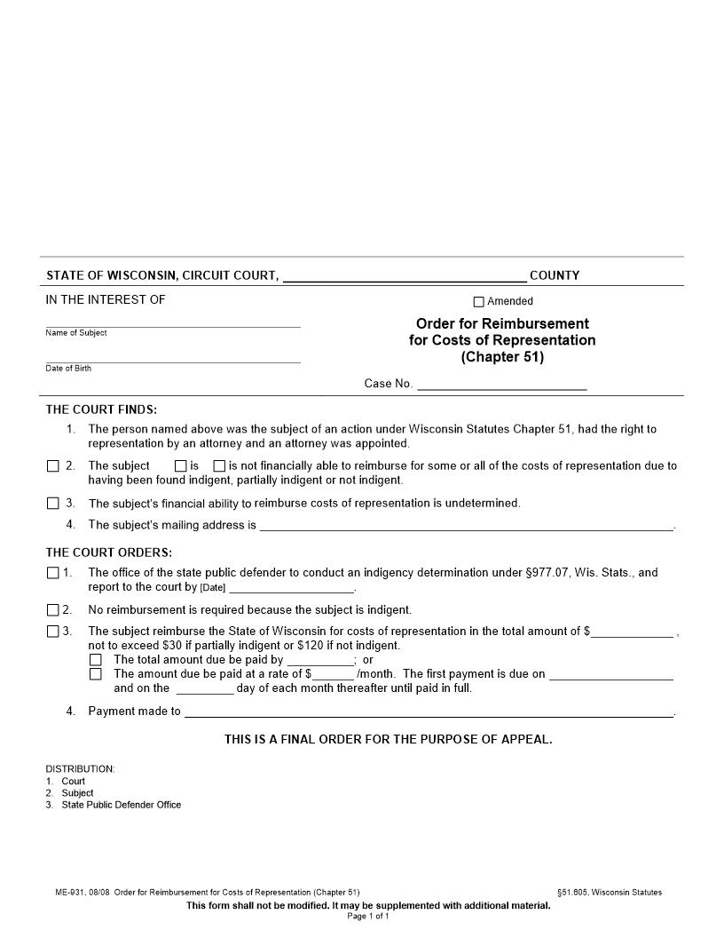 Order For Reimbursement Of Costs Of Legal Services (Chapter 51) {ME-931} | Pdf Fpdf Docx | Wisconsin