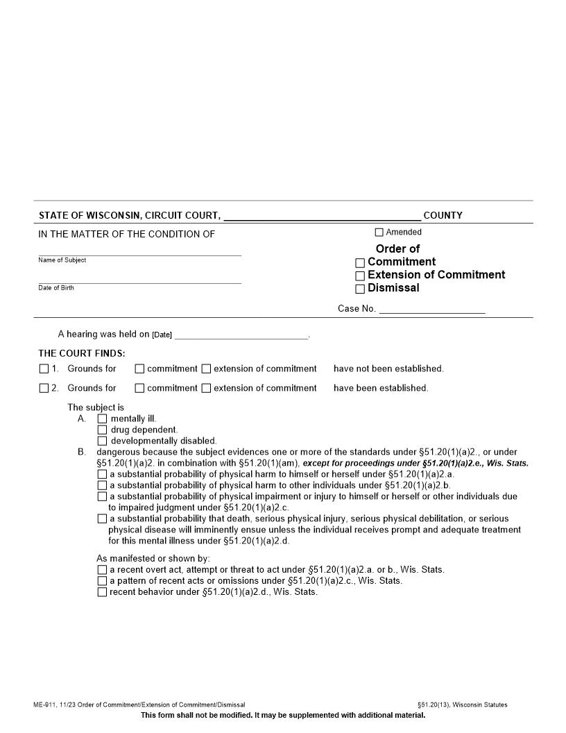 Order Of Commitment, Extension Of Commitment Or Dismissal {ME-911} | Pdf Fpdf Docx | Wisconsin