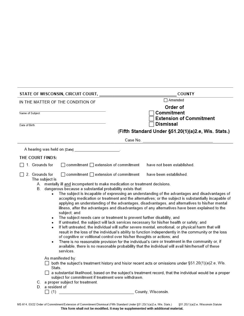 Order Of Commitment, Extension Of Commitment Or Dismissal (Fifth Standard) {ME-914} | Pdf Fpdf Docx | Wisconsin