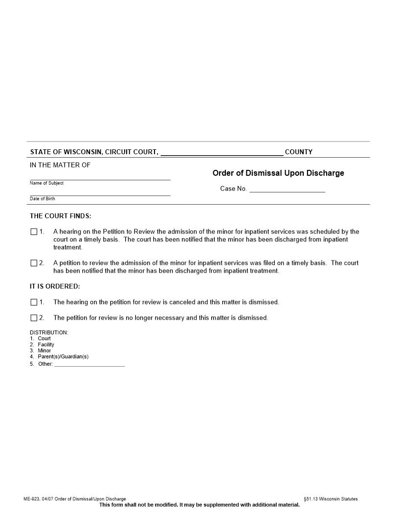 Order Of Dismissal Upon Discharge {ME-923} | Pdf Fpdf Docx | Wisconsin