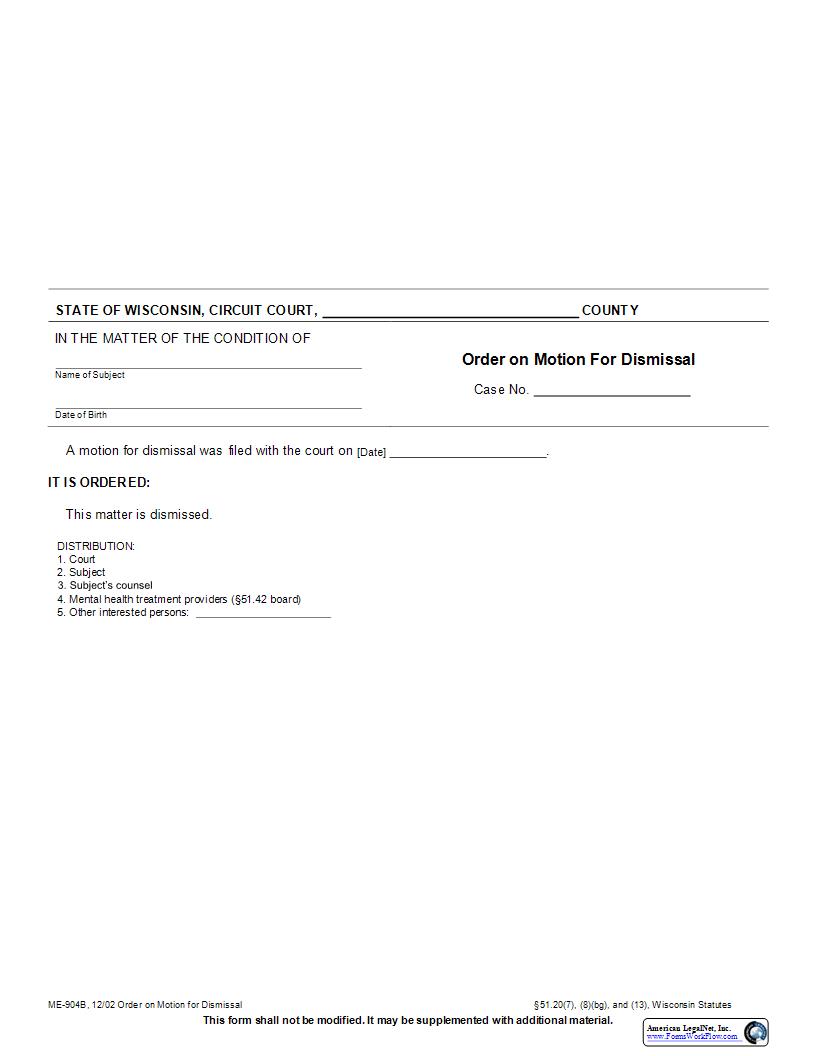 Order On Motion For Dismissal {ME-904B} | Pdf Fpdf Docx | Wisconsin