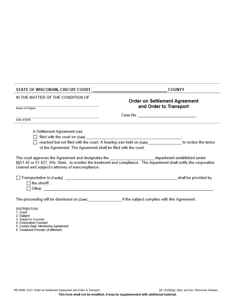 Order On Settlement Agreement And Order To Transport {ME-908B} | Pdf Fpdf Docx | Wisconsin