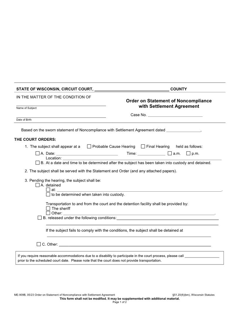 Order On Statement Of Noncompliance With Settlement Agreement {ME-909B} | Pdf Fpdf Docx | Wisconsin