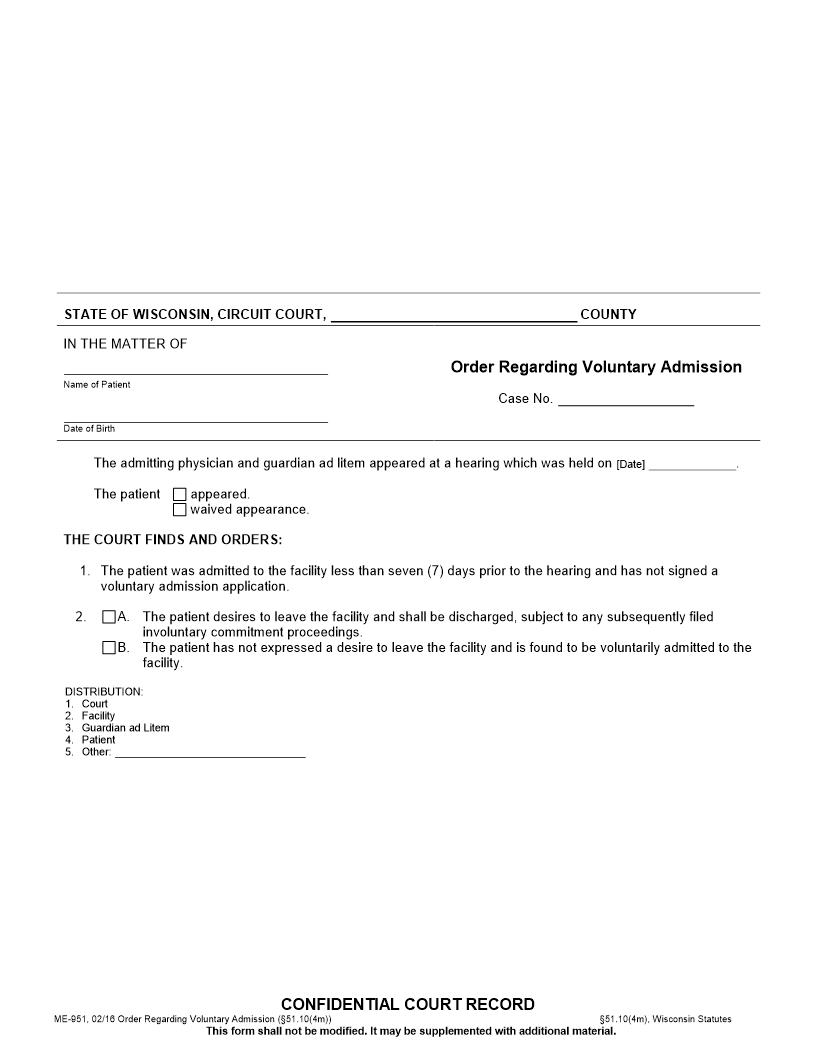 Order Regarding Voluntary Admission {ME-951} | Pdf Fpdf Docx | Wisconsin