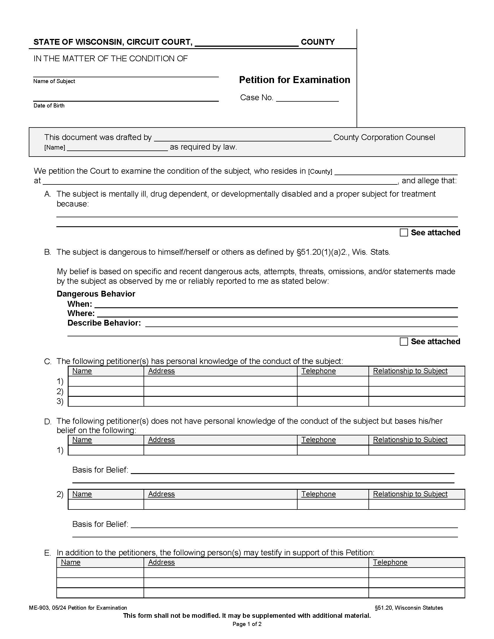 Petition For Examination {ME-903} | Pdf Fpdf Docx | Wisconsin