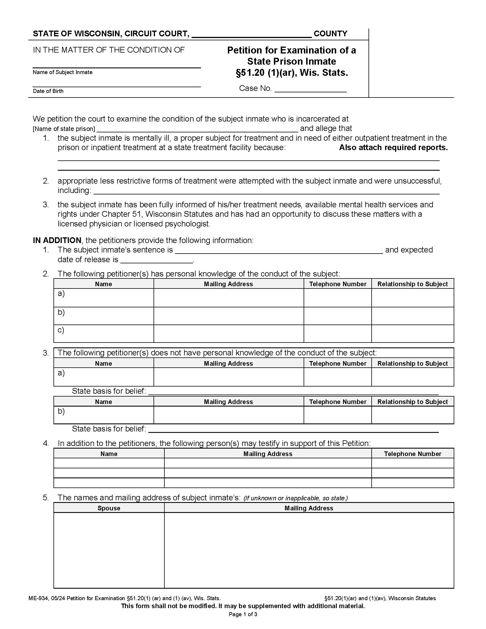 Petition For Examination Of Inmate {ME-934} | Pdf Fpdf Docx | Wisconsin