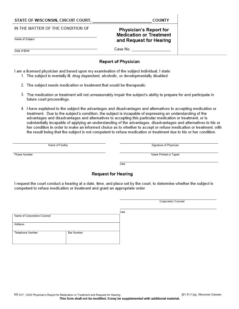 Physician Report For Medication Or Treatment And Request For Hearing {ME-917} | Pdf Fpdf Docx | Wisconsin