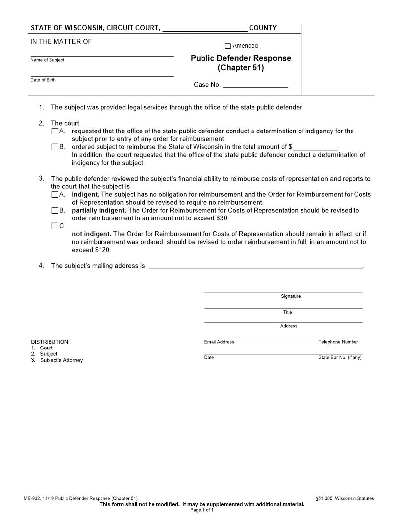 Public Defender Response (Chapter 51) {ME-932} | Pdf Fpdf Docx | Wisconsin