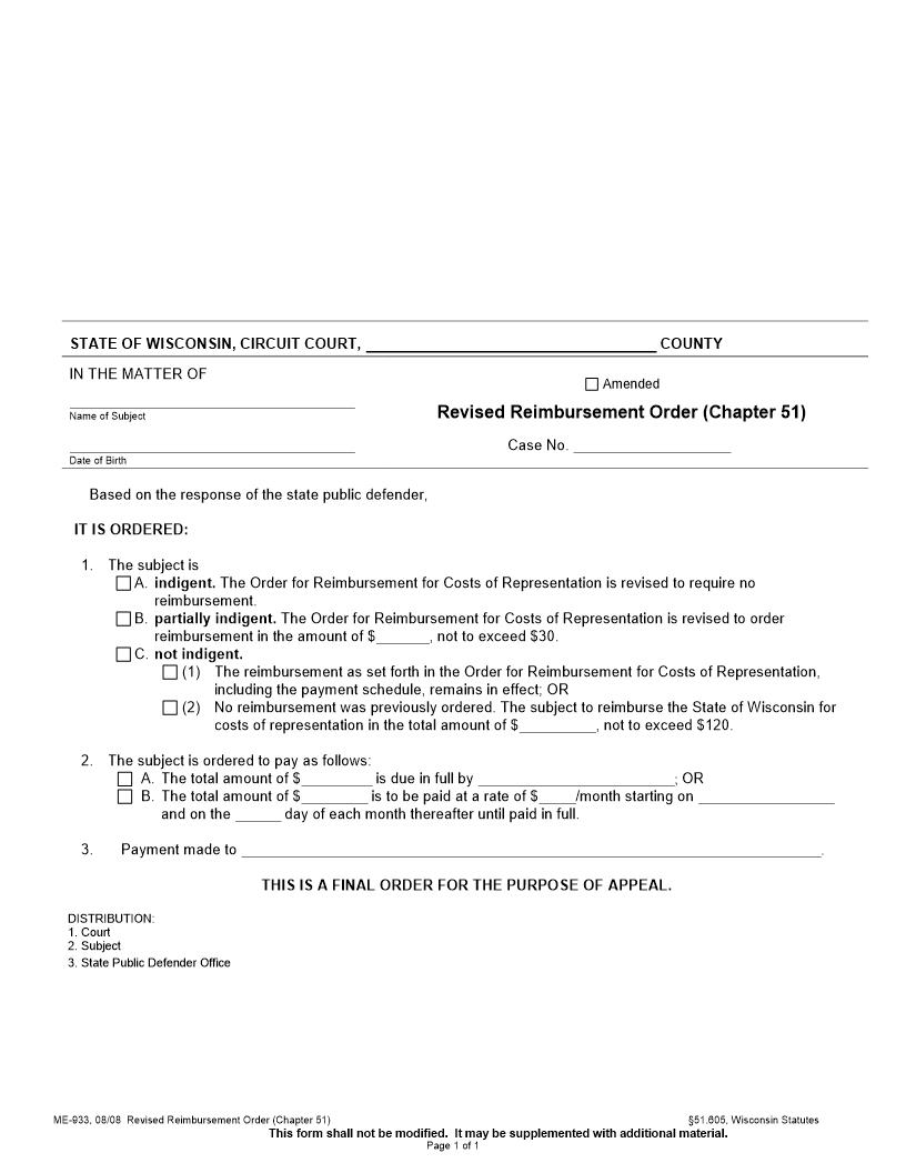 Revised Reimbursement Order (Chapter 51) {ME-933} | Pdf Fpdf Docx | Wisconsin