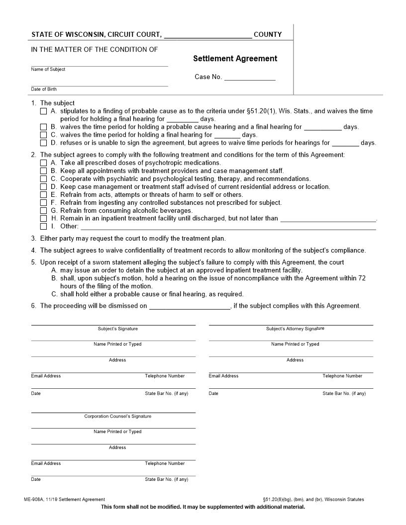 Settlement Agreement {ME-908A} | Pdf Fpdf Docx | Wisconsin