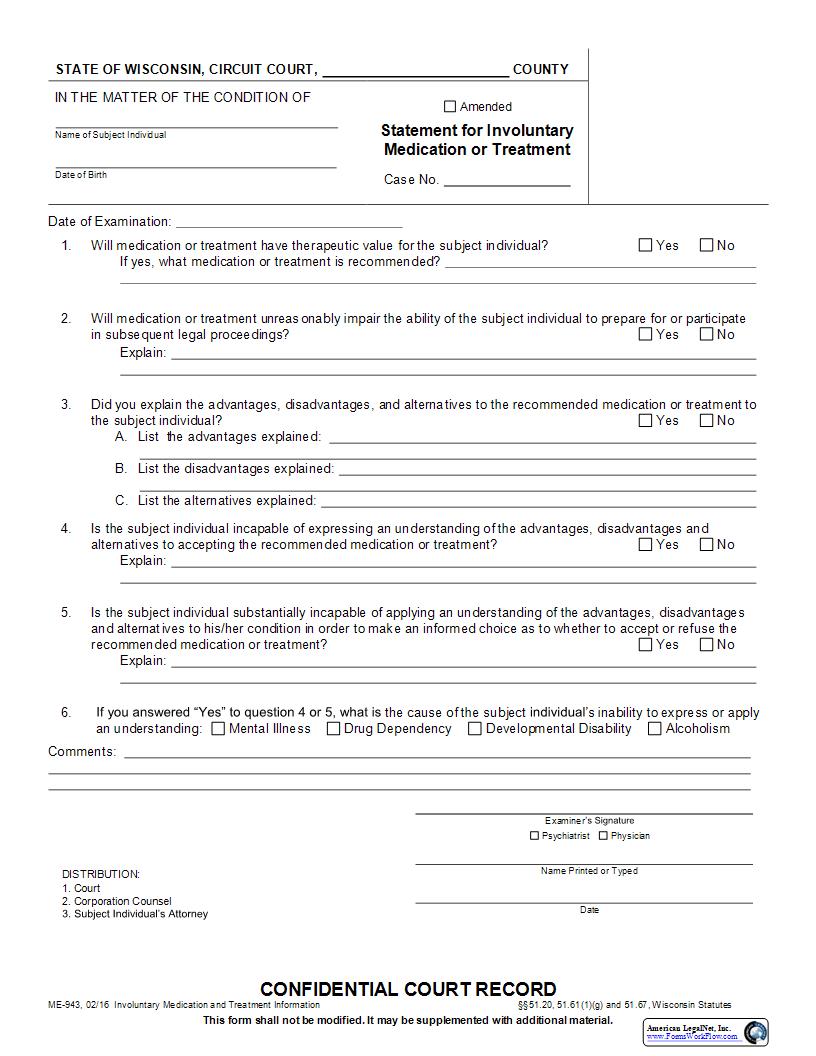Statement For Involuntary Medication Or Treatment  {ME-943} | Pdf Fpdf Docx | Wisconsin