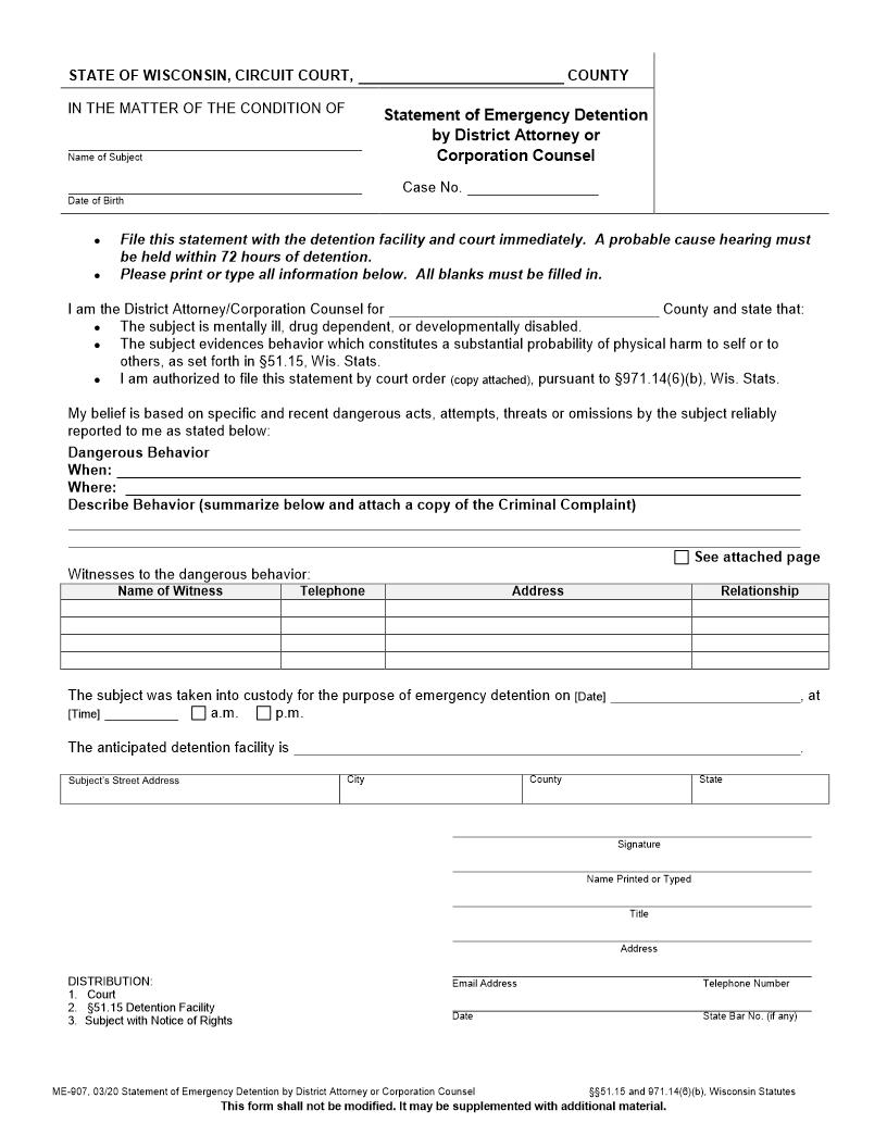 Statement Of Emergency Detention By District Attorney Or Corporation Counsel {ME-907} | Pdf Fpdf Docx | Wisconsin