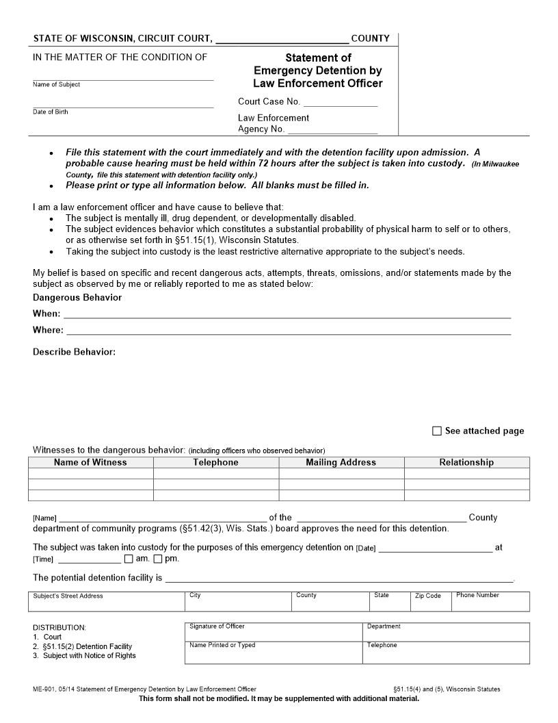 Statement Of Emergency Detention By Law Enforcement Officer {ME-901} | Pdf Fpdf Docx | Wisconsin