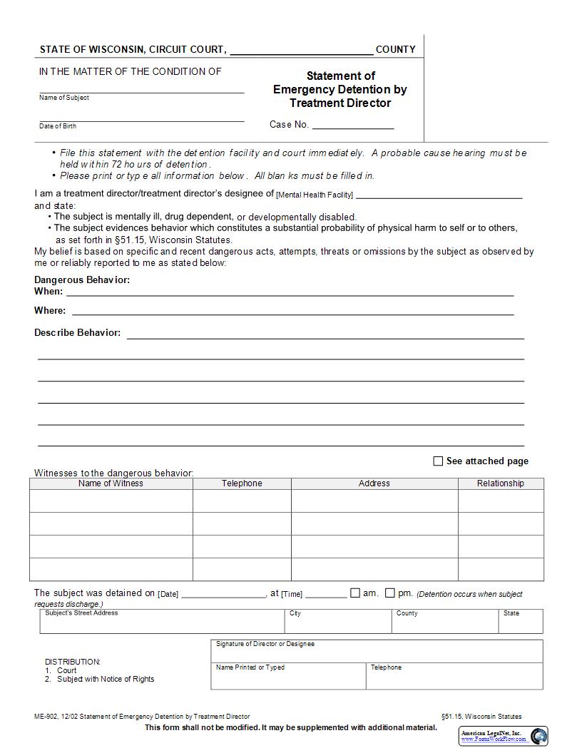 Statement Of Emergency Detention By Treatment Director {ME-902} | Pdf Fpdf Docx | Wisconsin