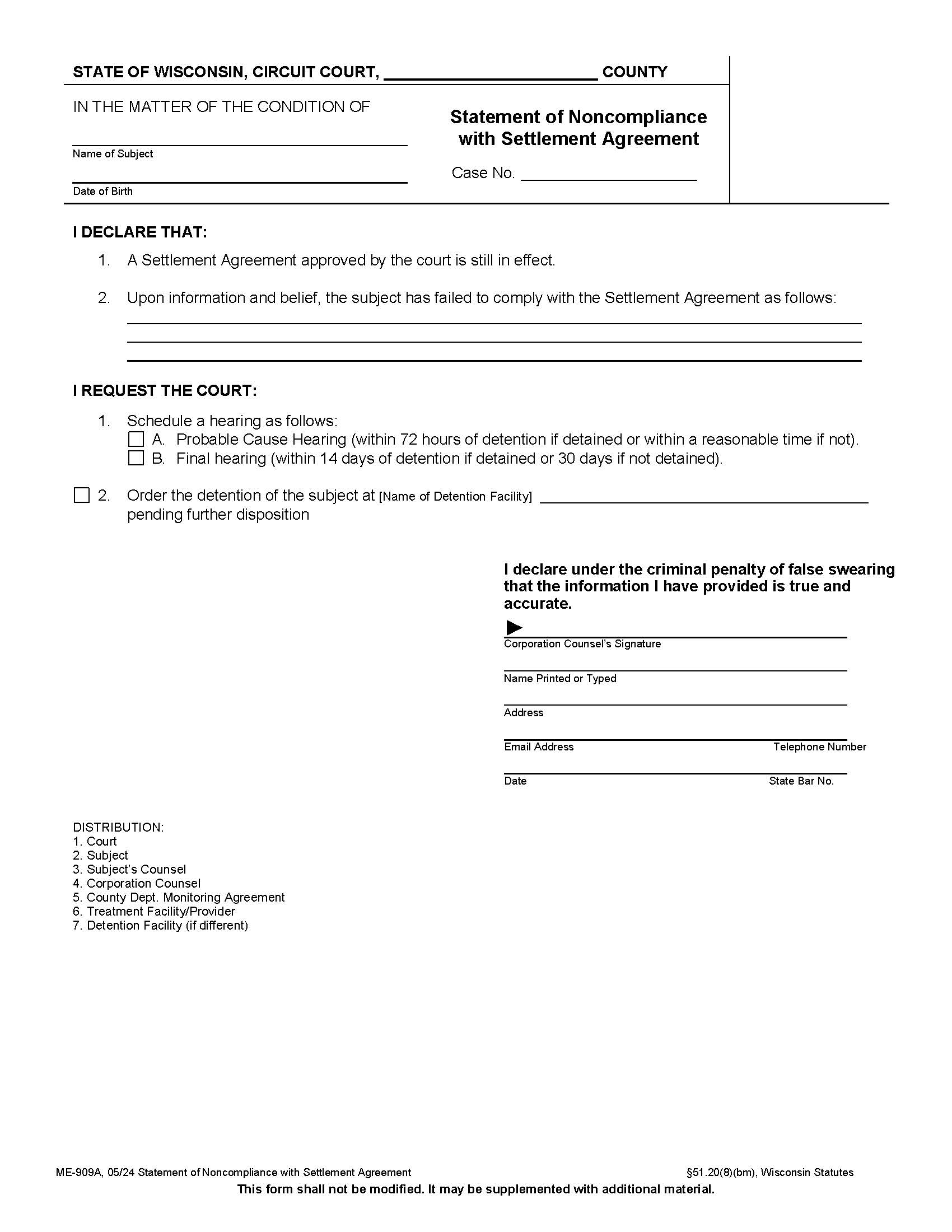 Statement Of Noncompliance With Settlement Agreement {ME-909A} | Pdf Fpdf Docx | Wisconsin