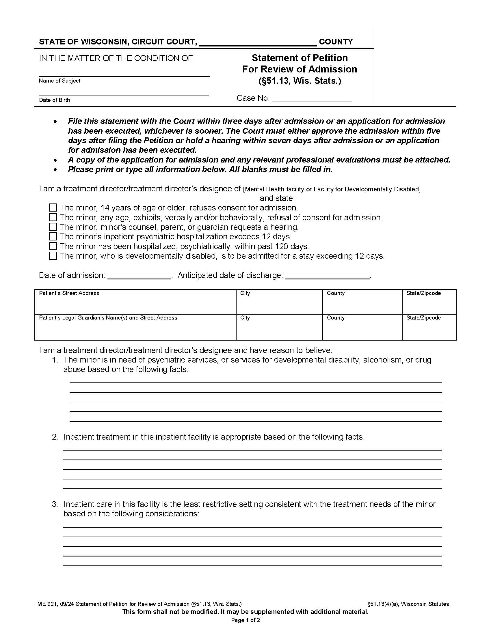 Statement Of Petition For Review Of Admission {ME-921} | Pdf Fpdf Docx | Wisconsin