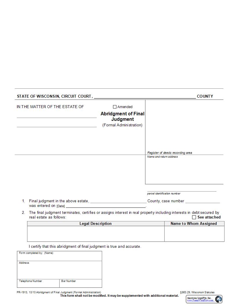 Abridgment Of Final Judgment (Formal Administration) {PR-1913} | Pdf Fpdf Docx | Wisconsin